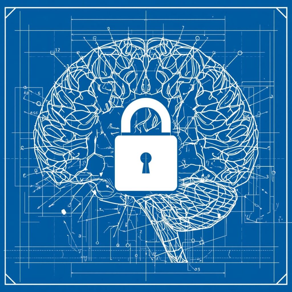 A blueprint-style illustration of an AI model with a modern lock icon overlay — representing secure, responsible design.