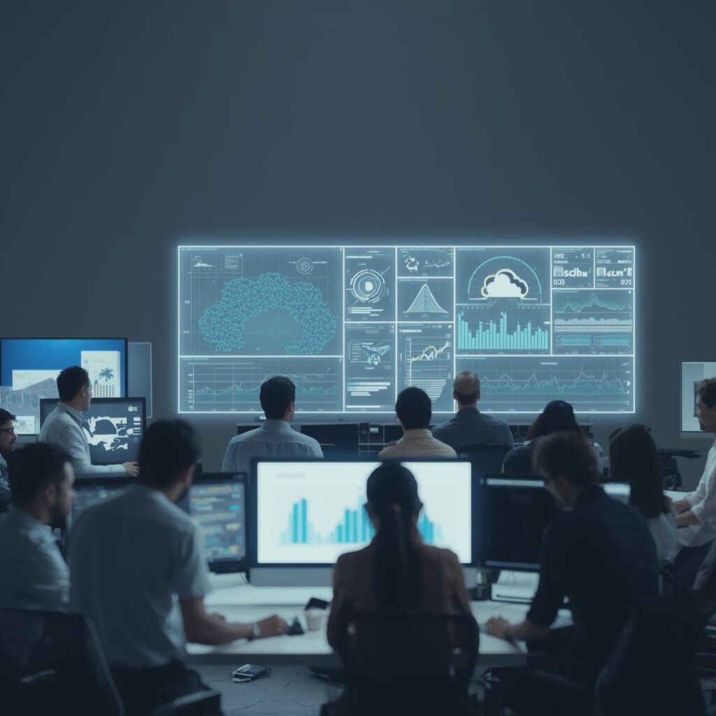 Connected mobile devices and professionals collaborating through digital dashboards and cloud networks, symbolizing agile and technology-driven mobile management.