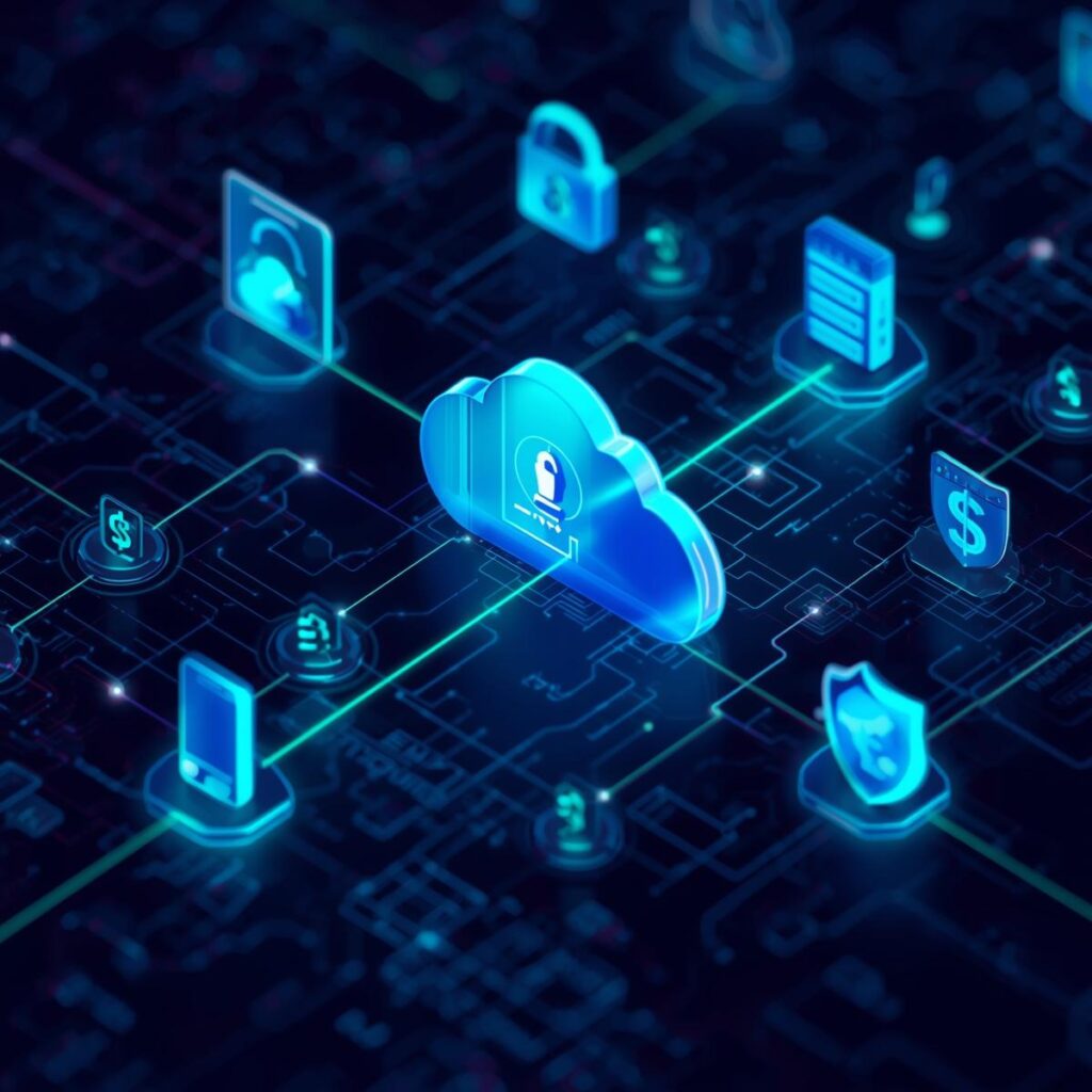 A digital network map or web of interconnected icons (cloud, cybersecurity lock, servers, mobile, dollar sign, compliance shield).