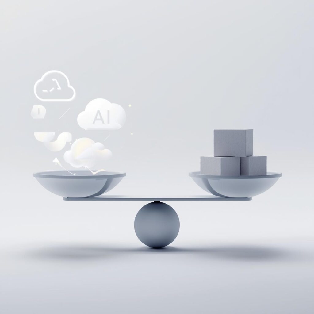 A modern scale where one side holds glowing AI_cloud symbols and the other holds abstract budget blocks — showing equilibrium.