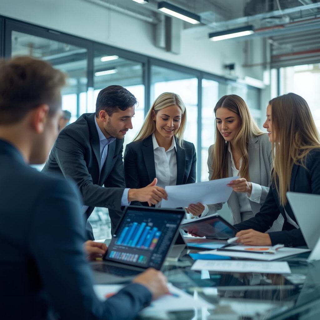 A team meeting or virtual collaboration scene — IT, finance, and business professionals discussing analytics on digital devices.