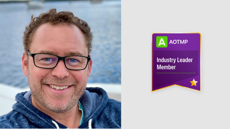 A photo of Dan Hughes nest to an AOTMP Industry Leader badge.