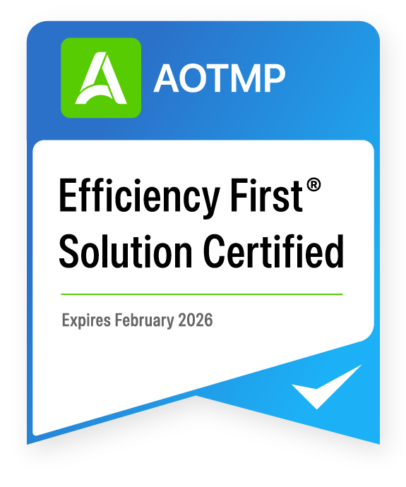 Blue digital badge with the AOTMP logo and the words 'Efficiency First Certified'