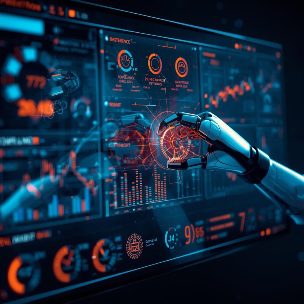A sleek, futuristic dashboard screen displaying vibrant, data-rich charts and graphs. Robotic arms or digital bots with glowing interfaces precisely manipulate and monitor assets. Prominently featured are polished compliance badges and distinct subscription icons, all rendered in a visually appealing, modern digital art style with a focus on clarity and precision.