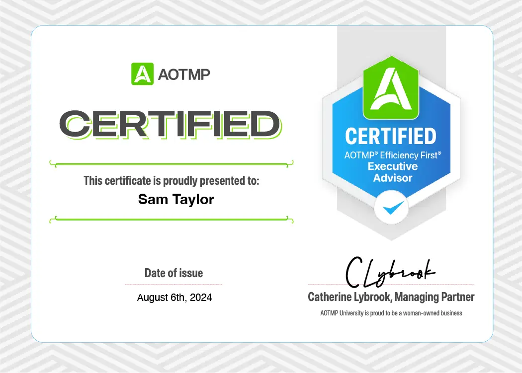 An example of the certificate issued when the AOTMP exam is passed.