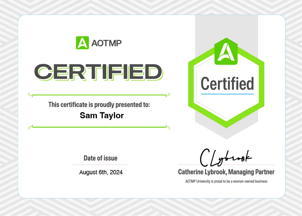 An example certificate that is issued when the AOTMP exam is passed.