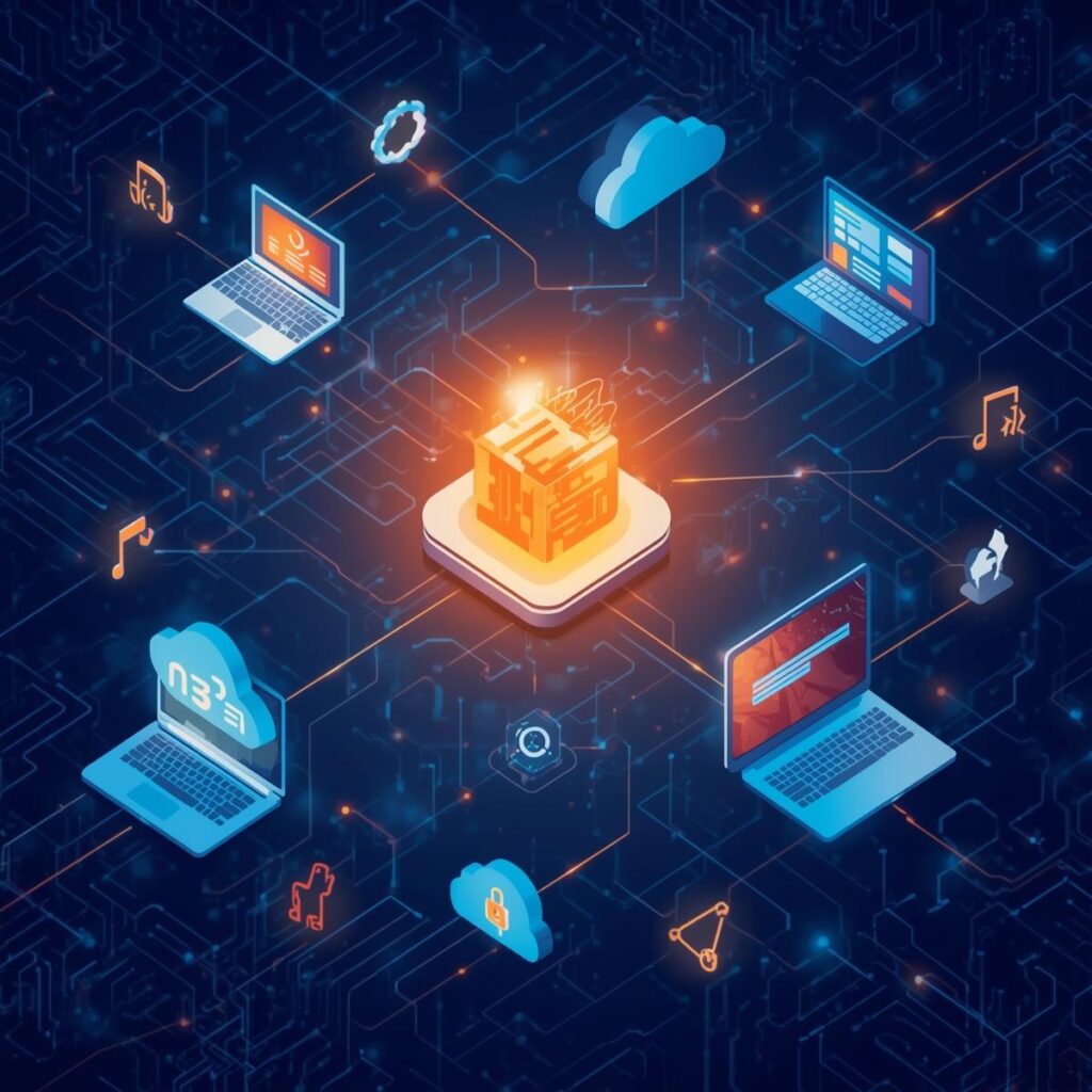 Icons of servers, laptops, cloud apps, and licenses all connected into one central hub.