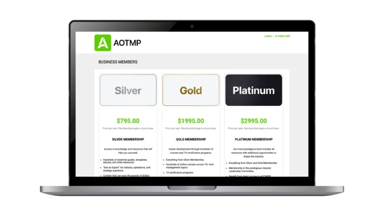 A laptop displaying three AOTMP Membership levels: gold, silver, and platinum.