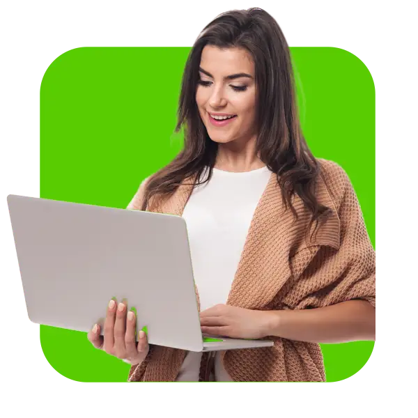 Young smiling woman holding a laptop.