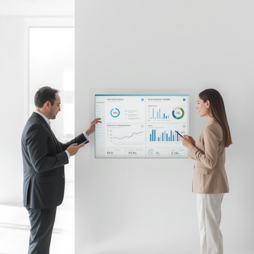 Professionals managing mobile devices and data through digital dashboards to optimize costs, enhance visibility, and support sustainability.
