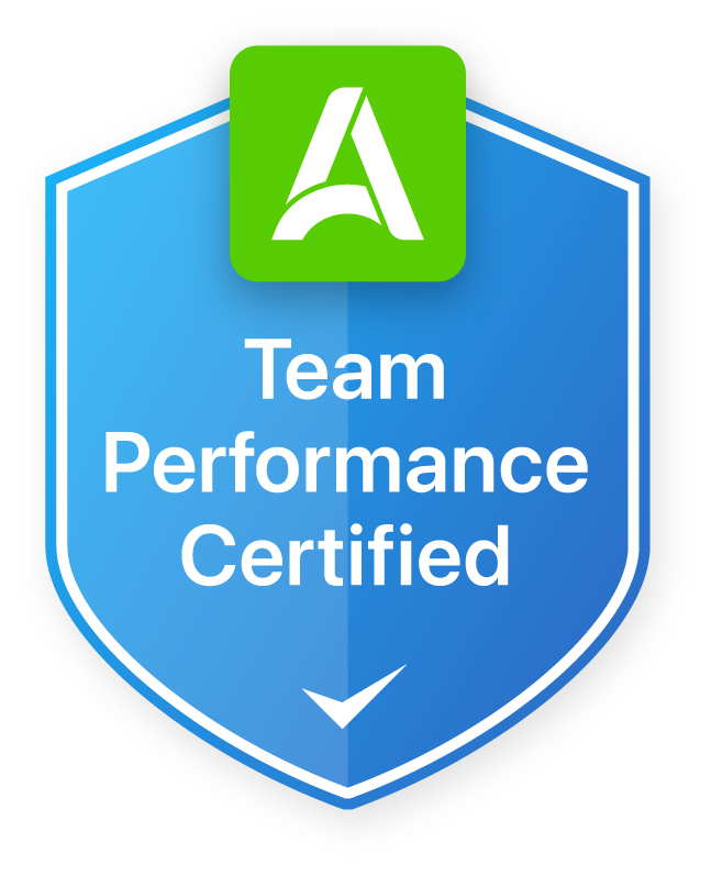 A blue shield-shaped badge with the AOTMP logo and the words' Team Performance Certified' in white letters.