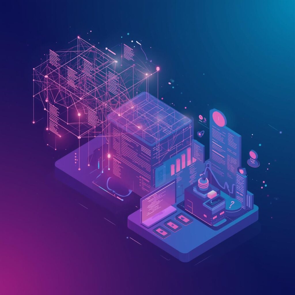 A vibrant, visually appealing digital illustration representing technical debt reduction, featuring a complex network of interconnected code lines transforming into a clean, organized structure with glowing elements and a clear pathway forward, set against a gradient background of deep blues and purples, rendered in a modern, infographic style with subtle motion graphics effects.