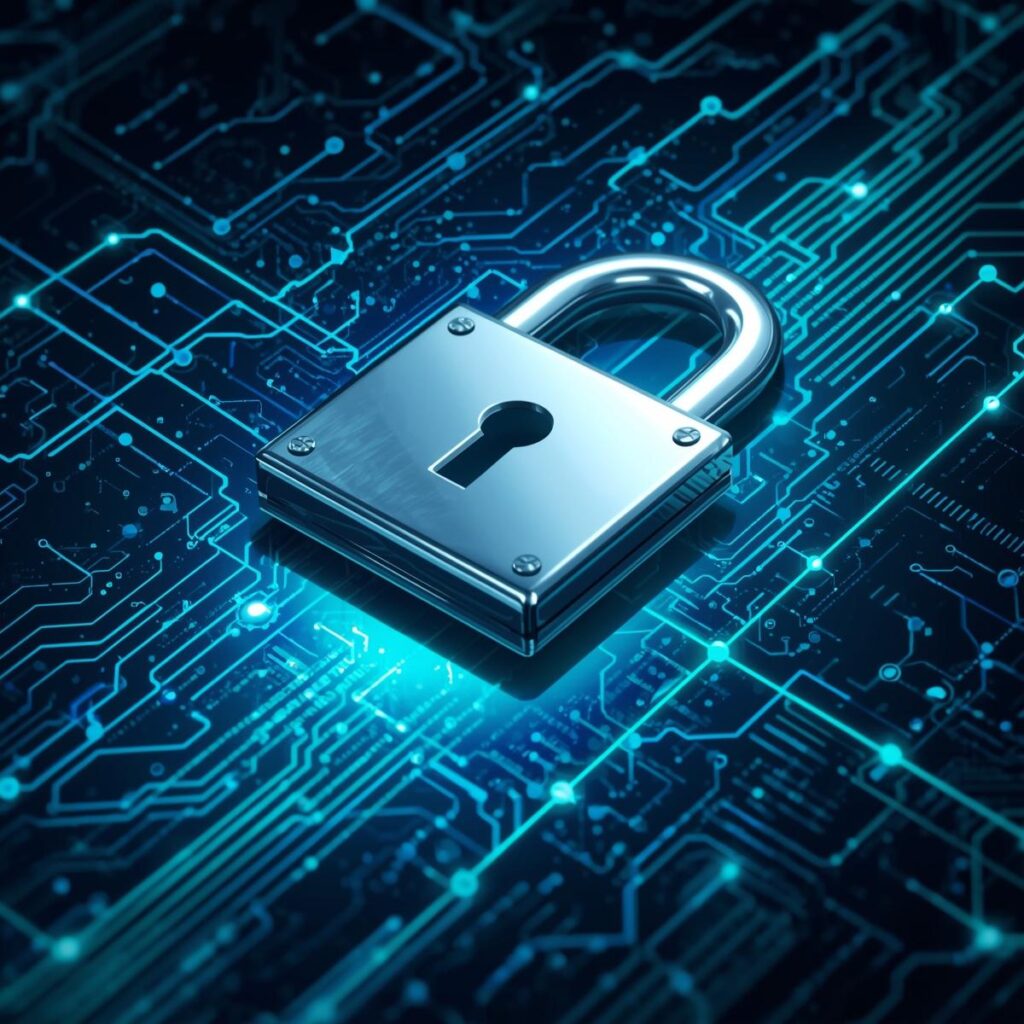A secure digital lock or shield hovering over structured data layers or a glowing network grid.