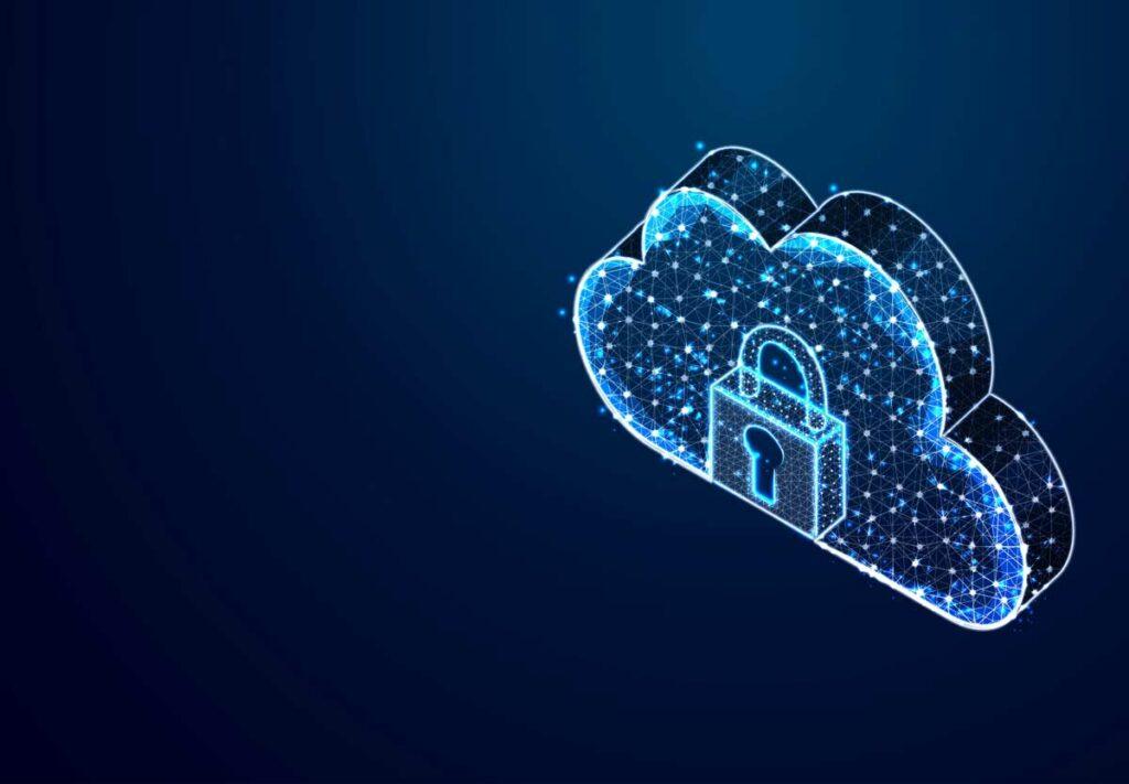 Graphic of a digital cloud shape and security padlock.