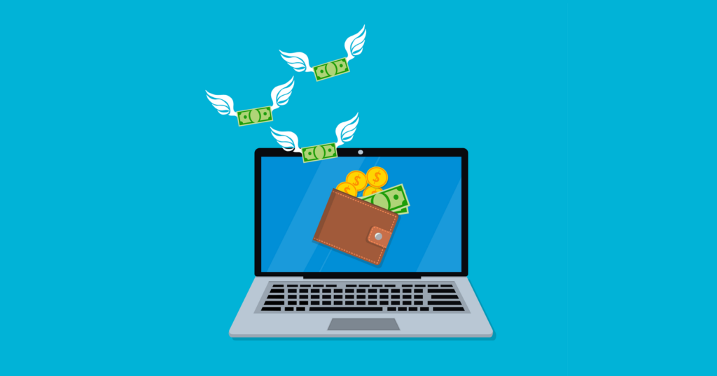 Illustration of a laptop and cash flying with wings.