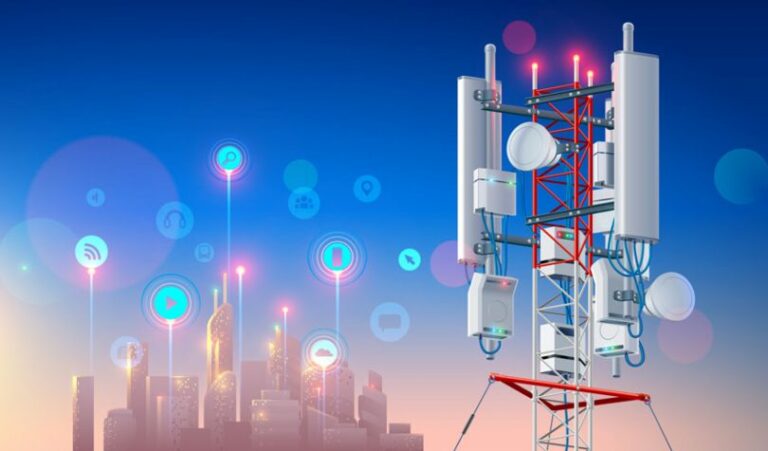 Telecom mast with illustrations of telecom services.