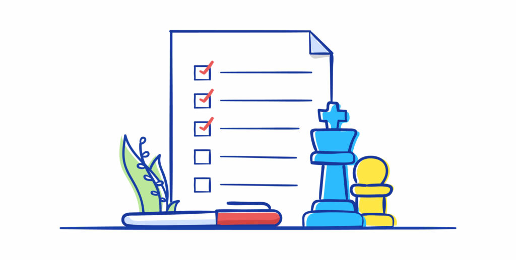 Drawing of a clipboard and chess pieces
